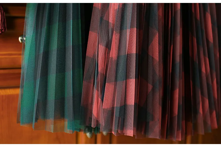 Зимние винтажные плиссированные макси Длинные тюлевые юбки в клетку Элегантные красные зеленые клетчатые трапециевидные длинные сетчатые юбки до щиколотки