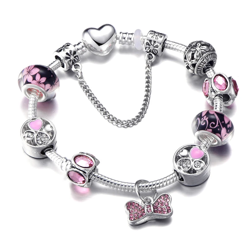 Pulsera Pandora con lazo rosa, brazalete con cuentas, regalo|Brazaletes cadena y enlaces| -