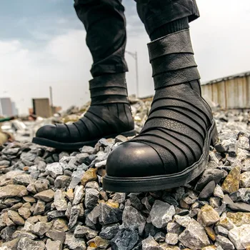 

Style Harajuku Genuine Punk Leather Spliced Mens Mid Calf Personality Designer New Round Toe Back Zipper Increase Boots