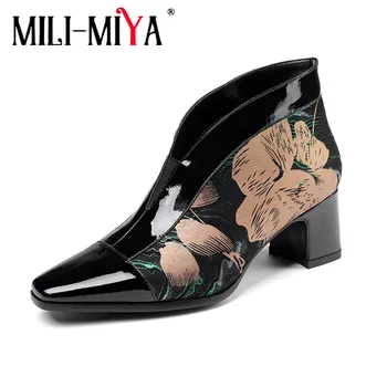 

MILI-MIYA New Designer Embroidered Ankle Boots Women Luxury Cow Leather Ethnic Flower Square High Heels Slip On Black Shoes