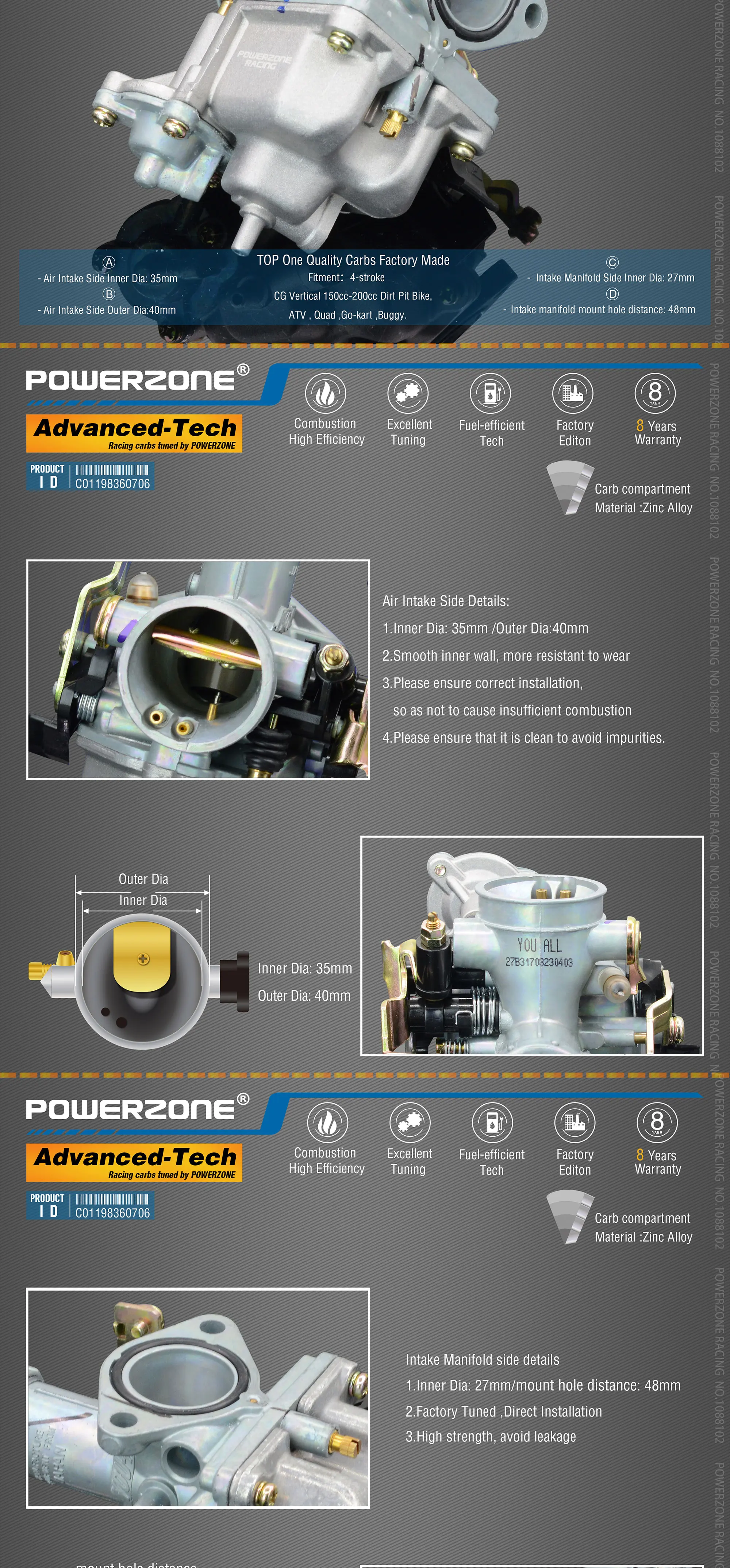 Powerzone карбюратор PZ27B 27 мм CVK Ускорительный Насос Carb для CG вертикальный 150cc-200cc велосипед грязи, ATV, Quad, Go-kart, багги