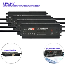 LED Thin Slim Aluminum IP67 Waterproof Power Supply 12/24V 60W-300W 220V AC-DC Lighting Transformer Driver Free Shipping