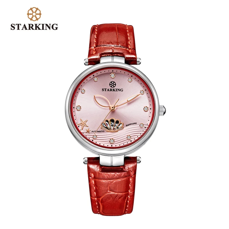 red dial watch STARKING Роскошные ювелирные изделия женские часы сапфировое стекло Водонепроницаемые 5 АТМ автоматические механические наручные часы кожа relogio feminino - Цвет: red dial watch
