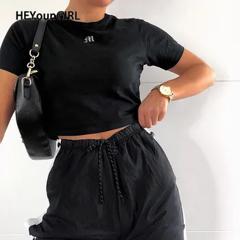 

HEYounGIRL Embroidery Letter Casual Cotton Tshirts Women Summer Short Sleeve Black White Crop Top T Shirt Ladies Basic Solid