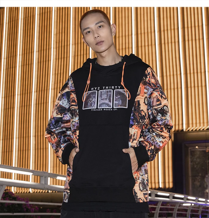 AELFRIC Patchwork Motorcycle Printed Casual Men Hooded Sweatshirts Streetwear Harajuku Pullover Autumn Hip Hop Male Hoodies