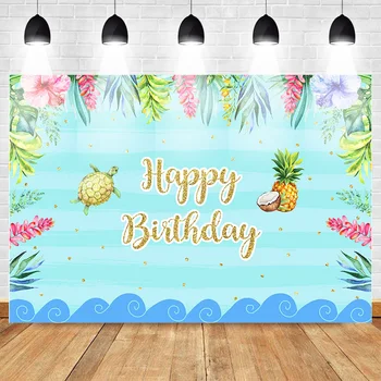 

Neoback Summer Style Photo Background Hawaiian Party Aloha Happy Birthday Backdrops Pineapple Tortoise Sea Swimming Stripes Gold