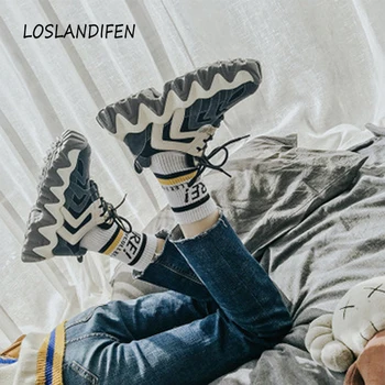 

2020 ins leather casual lace-up women singles shoes round toe thick bottom color matching inner sneakers old shoes running shoes