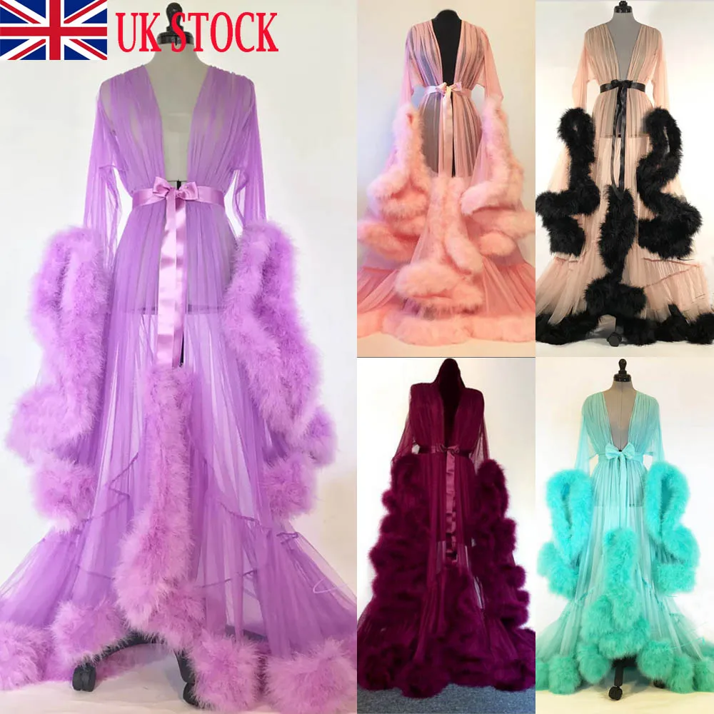 Long Lace Kimono Robes Dressing Gown Wedding Bridesmaid Sleepwear Bathrobe Fur Babydoll Party Nightgrown |