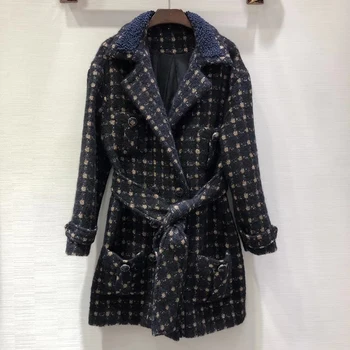 

Wool Blend Coat Women Fall Winter Long Sleeve Coat With Belt Office Ladies Plaid Overcoat