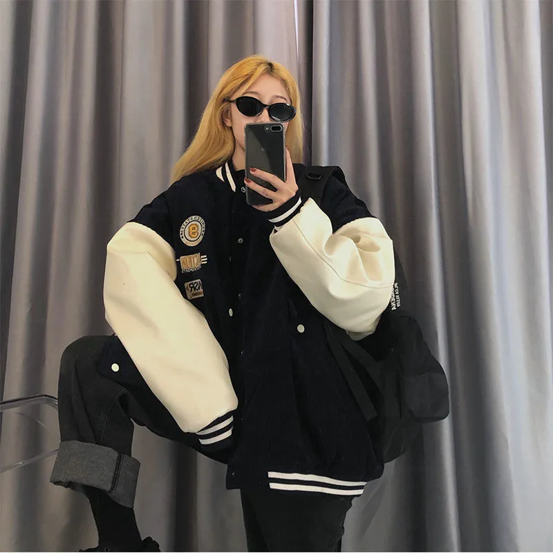 Contrasting Color Stitching Baseball Uniform Women Couple Students 2021 Spring Autumn New Retro Jacket Corduroy Coat Tide 31