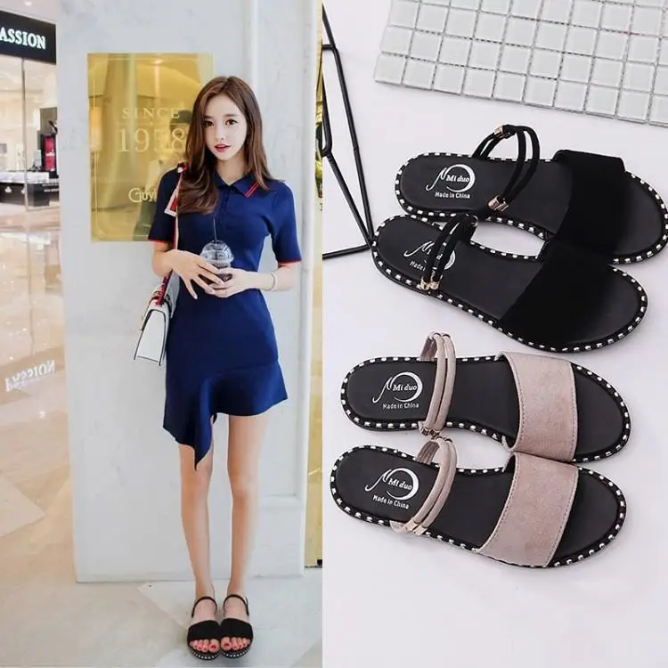 

Spring-Summer 2020 Sandals Pu Peep-Toe Low Heel Rubber Basic Casual Slip-On Solid Women Shoes Women Sandals Flat