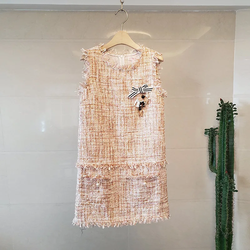 

2020 Spring New Style Ozhouzhan Debutante Graceful Tassels Edge Dress Sleeveless Crew Neck A- line Sundress Women's