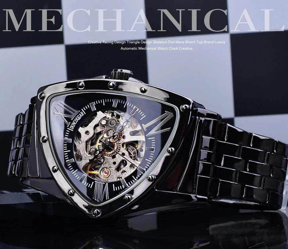 Montre Squelette Automatique Pour Homme – Cadran Triangulaire Noir Et Jaune – Mécanique Chinoise, étanche 30m