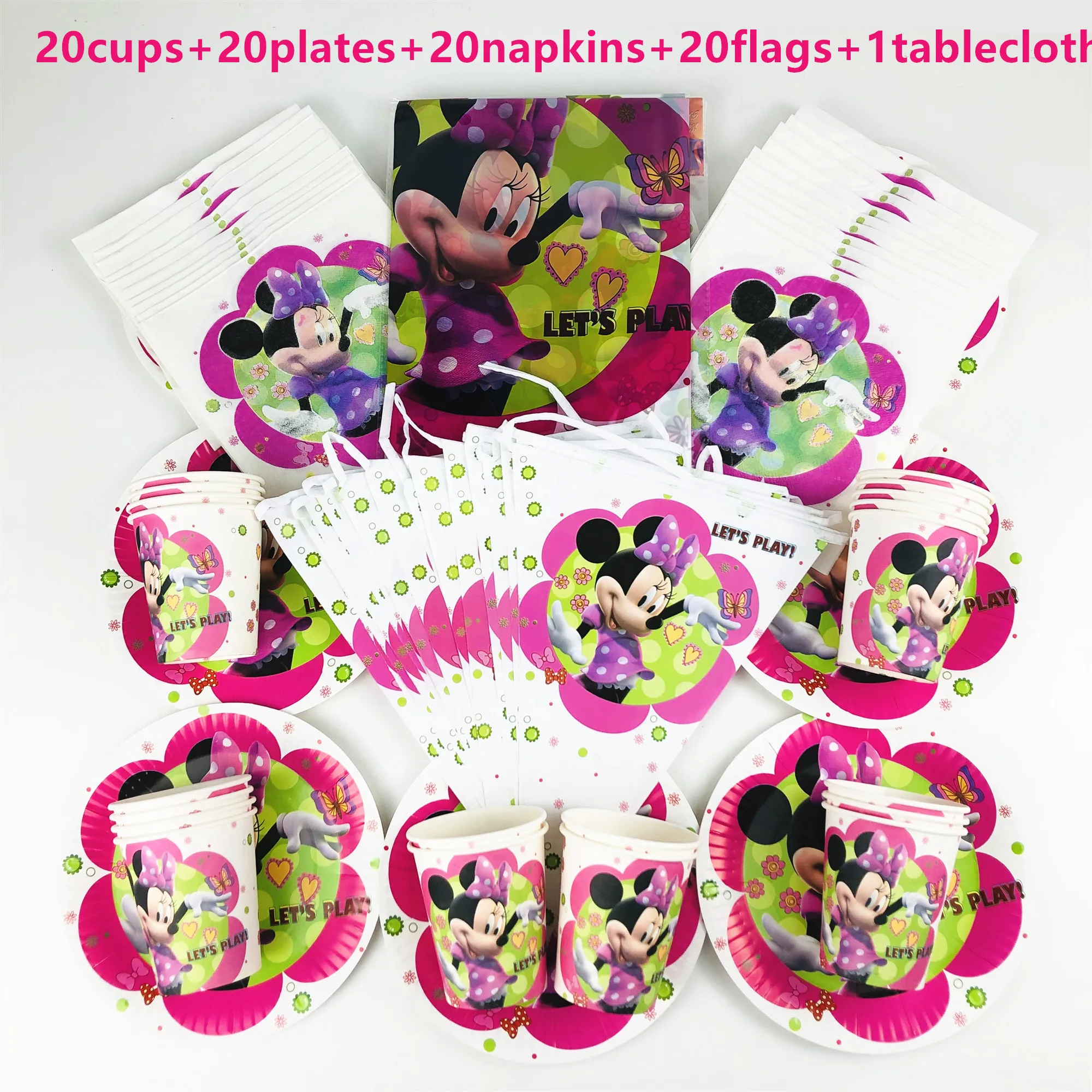 

Disney Minnie Mouse Theme Disposable Tableware 81Pcs kids Birthday Party Paper Cups +Plates+Napkins+Flags Sets Supplies