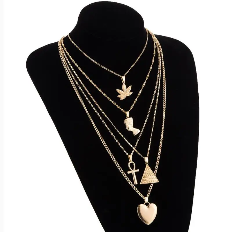 

Women Personality Peach Heart Cross Triangle Leaf Portrait Pendant Multilayer Clavicle Chain Women Multilayer Necklace Jewelry