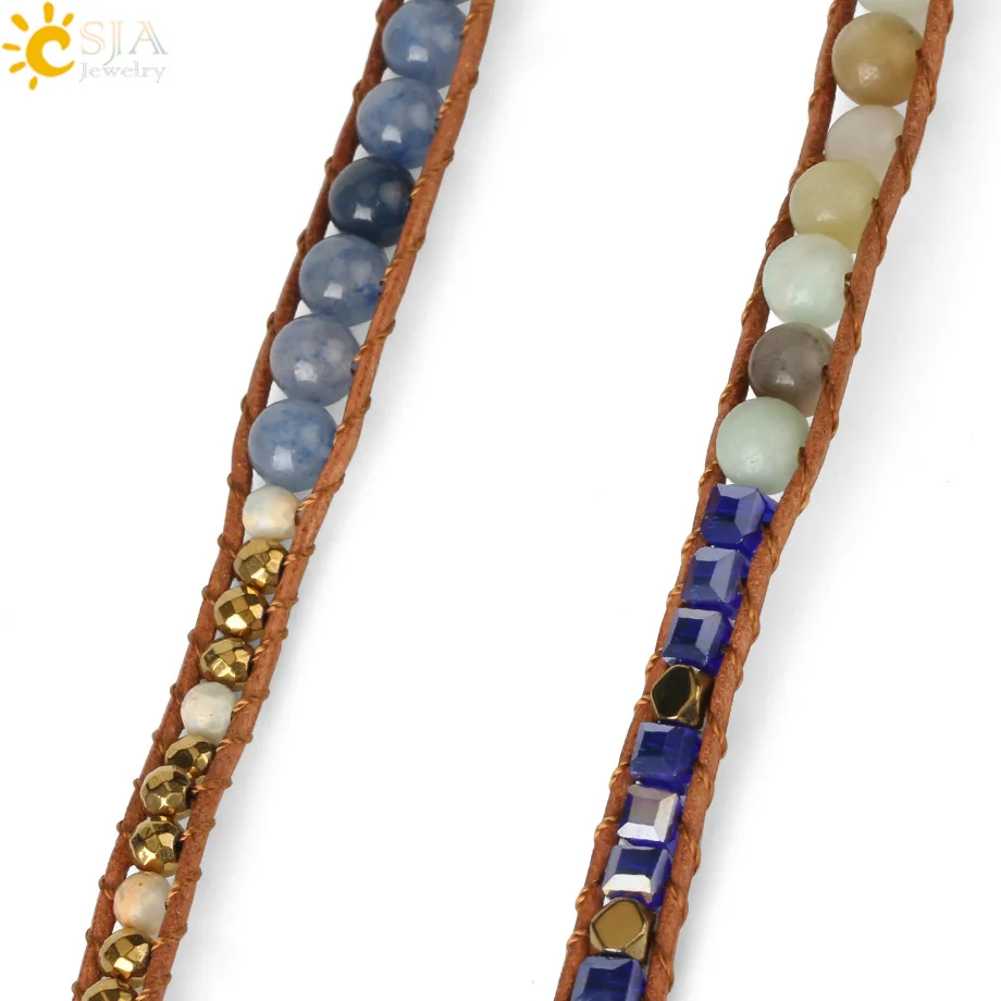 CSJA многослойные кожаные браслеты для женщин с натуральным камнем, голубой авантюрин, гематит, браслет из бисера, 5 нитей, Boho Jewelry S564