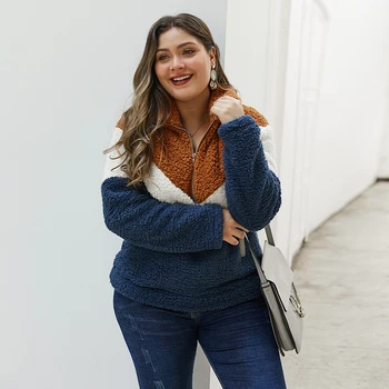 

Winter fashion female lapel zipper pullovers stitching jacket hoodies double-sided fleece plus size 1XL-4XL casual wild clothing