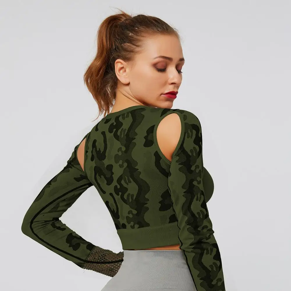 NCLAGEN Sexy Hollow Out Camouflage Yogaings T Shirt Women Patchwork Quick Dry Nylon Cropped Tops Activewear Camo Tee Shirts