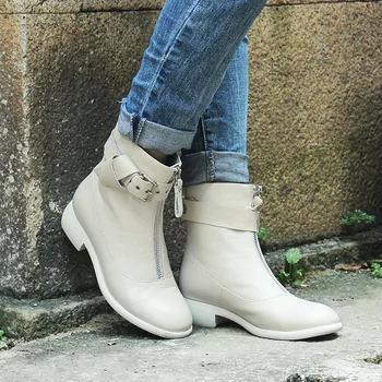 

Xiangban Genuine Leather Boots Women Chelsea Boots Round Toe Low Heels Ankle Female Boots Buckle Strap Autumn 2019