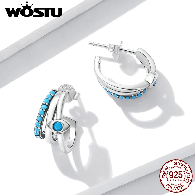 WOSTU Real 925 Sterling Silver Green Turquoise Devil Eye Multi-layer Stud Hook Earrings For Women Luxury Fine Jewelry Gift E571 - Image 3