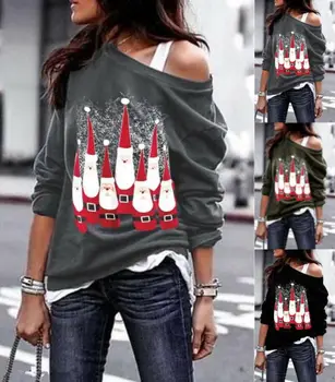

Spring Winter Warm Womens Sweatshirts Fashion Christmas Santa Print Single Sleeve Blouse Cold Shoulder Long Sleeve Blouses Tops