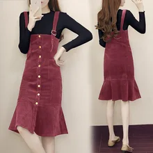 Приталенное вельветовое платье; комплект из двух предметов; трикотажная юбка на подтяжках с длинными рукавами; сезон осень-зима; Новинка года; зимняя стильная юбка «рыбий хвост»