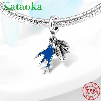 

925 Sterling Silver Beads Blue dove of peace with dangle leaf Fit Original Pandora Charms Bracelet Jewelry Making