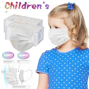 

100PC Kids Cartoon Mask Disposable Protection 3 Layer Face Mask Dustproof Anti-spitting Breathable Protective Mask masque 2020