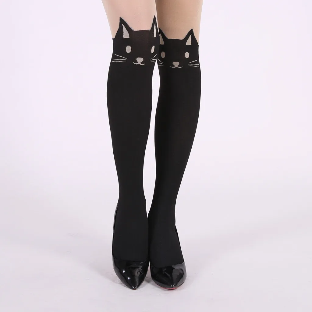 Шелковые чулки с принтом кошки на Хэллоуин, женские милые черные повседневные носки для девочек, женские длинные гольфы с принтом medias de mujer