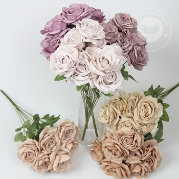 10 Flowers/Bunch Vintage Roses Coffee Bean Paste Purple Grey Pink Silk Bouquet For Birthday Party Wedding Decoration Room Layout 1