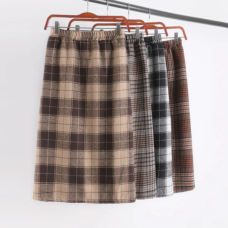 winter vintage plaid wool woollen a line warm thermal skirt for women ladies work wear flexible stretch high waist skirts womens
