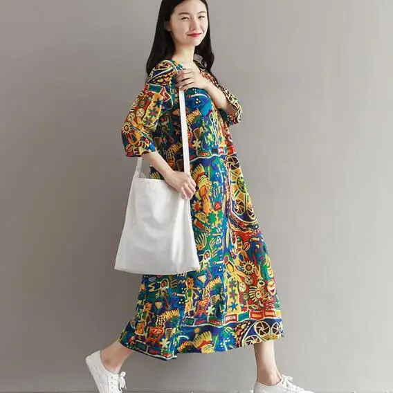 Sukienki женское длинное платье Sukienki, круглый вырез, с принтом, Vestidos De Festa, половина рукава, хлопок, лен, платье Mori girl, платье AF955