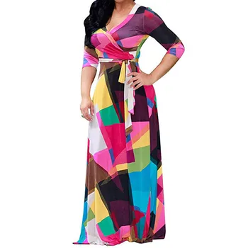 

Fashion Women Casual Plus Size S-5XL Flower Print V-Neck Three Quarter Bandage Long Party Dress Wholesale Free Ship платье Z4