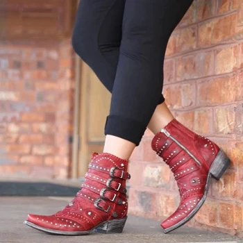 

Women Boots 2020 New Autumn Winter Buckle Zip Women Shoes Low Heel Solid Boots Cool British Rivet Design Soft Ankle Boots Women