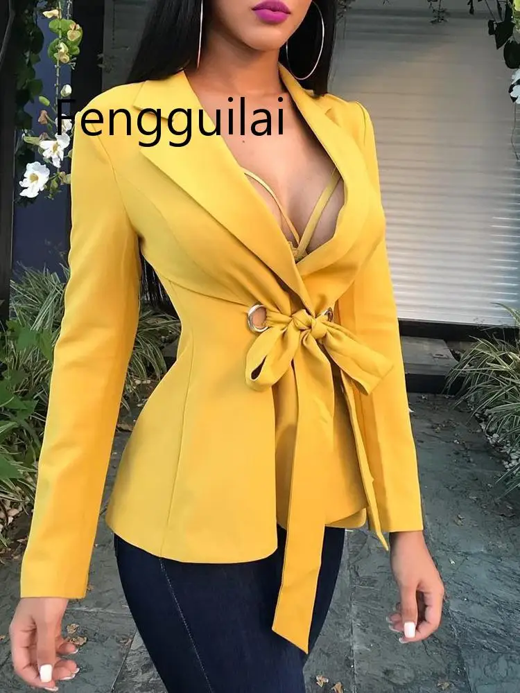 FENGGUILAI новые желтые сексуальные женские куртки-блейзеры с длинными рукавами бандажные деловые рабочие блейзеры костюмы с отворотом Топы