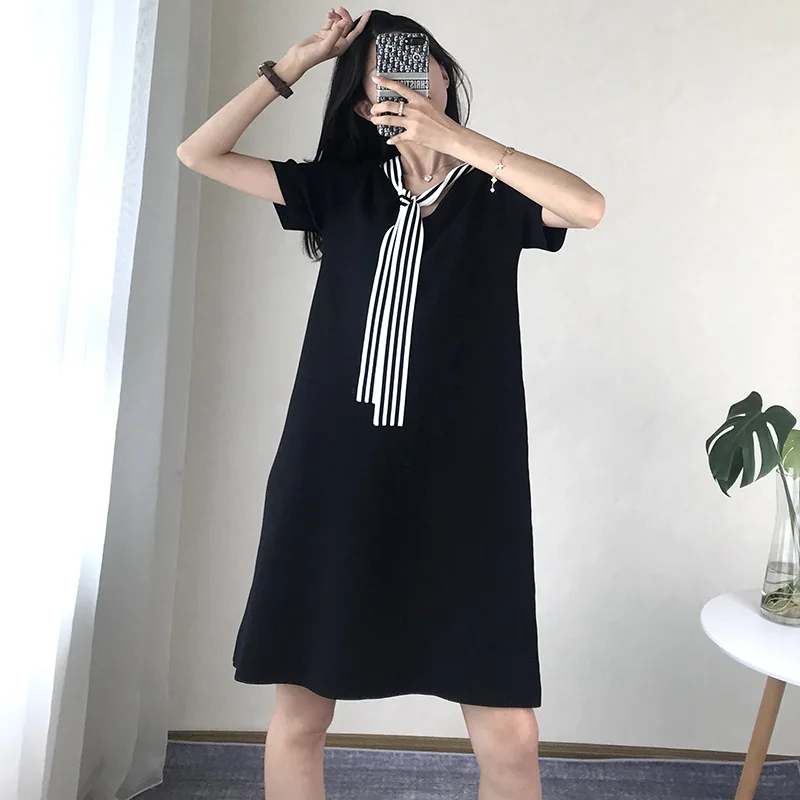 

Women Dress Striped Knitted Lace Up Bow Vestido Elegant Bodycon Robe Summer Runway Slim Short Sleeve Pullovers Office Lady