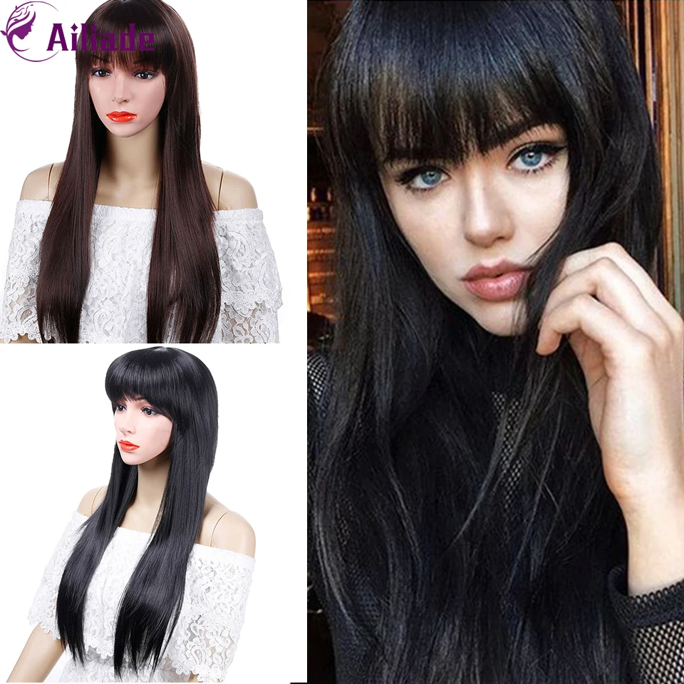 

AILIADE 2020 Long Straight Synthetic Wigs With Bangs Black Brown Heat Resistant Fiber For Women Daily Party Free Shipping