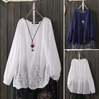 

ZANZEA Stylish Lace Tops Tunic Women's Spring Blouse Casual Long Sleeve Shirt Female O Neck Solid Blusas Plus Size Hollow Tops