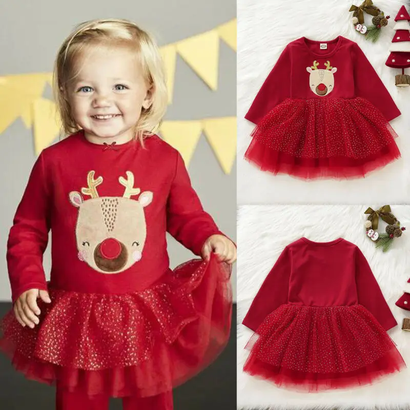 

Pudcoco Brand New Christmas Toddler Infant Kids Baby Girl Xmas Clothes Long Sleeve Lace Tutu Dress