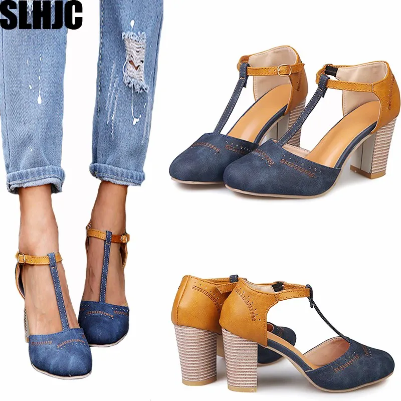 

Women Summer Leather Pumps Sandals Round Toe Retro Vintage T Buckle High Square Block Heels Shoes Plus Size Autumn Shoes