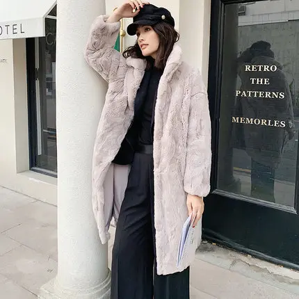 beige gray Настоящий мех кролика пальто зимняя куртка женская натуральный мех кролика пальто длинный стоячий воротник уличная Толстая теплая верхняя одежда - Цвет: beige gray