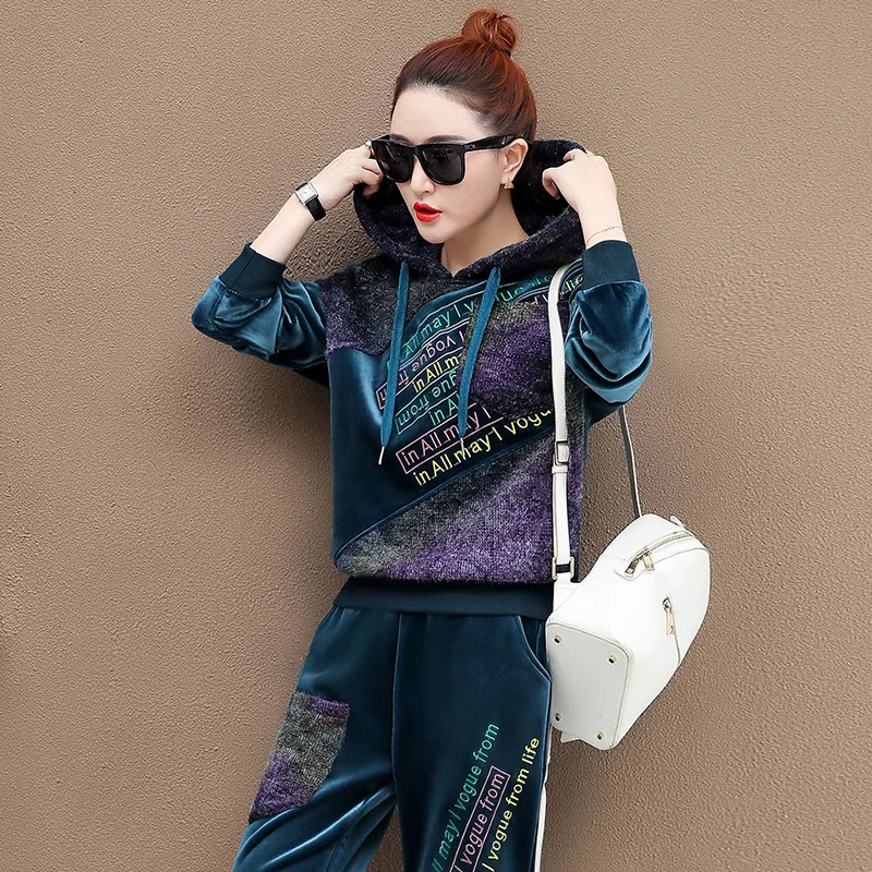 002 Max LuLu модный Европейский спортивный костюм женские трикотажные топы шаровары женские с капюшоном комплект из двух предметов бархатная одежда Меховые Теплые наряды - Цвет: 002