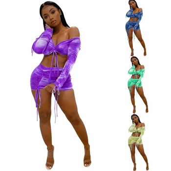 

Tie Dye Print Drawstring Sexy Co-Ord Sets Women Long Sleeve Ruched Sexy 2 Piece Outfits Club