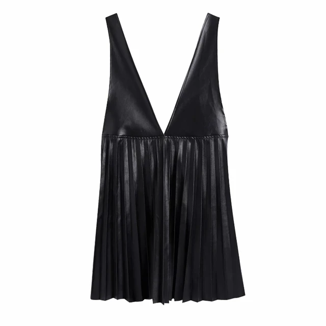 Women PU Leather Deep V Neck Pressed Pleat Splicing Mini Dress Female Sleeveless Clothes Casual Lady Loose Vestido D6967 2