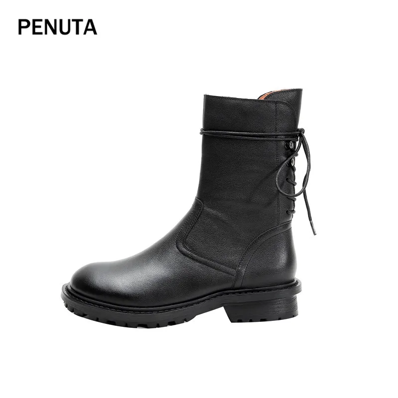Black PENUTA кожаные сапоги до середины икры; женские Ботинки martin из натуральной кожи; Модные женские ботинки на шнуровке; сезон осень-зима; PD981 - Цвет: Black