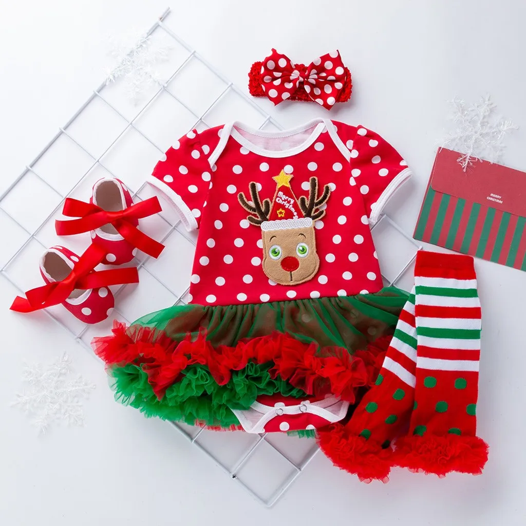 Рождественский комплект одежды для малышей, 4 предмета, Рождественский Рисунок для маленьких девочек, комбинезон с Санта-Клаусом, осенние туфли, комплект одежды, костюм M850 - Цвет: A