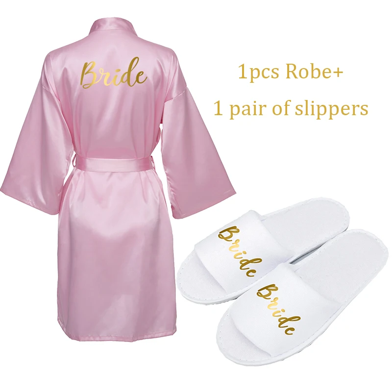 Owiter/Коллекция года; Бордовое платье; атласный шелковый халат и тапочки; Свадебный банный халат; одежда для невесты и подружки невесты; женское кимоно; вечерние Халаты; подарки - Цвет: Pink