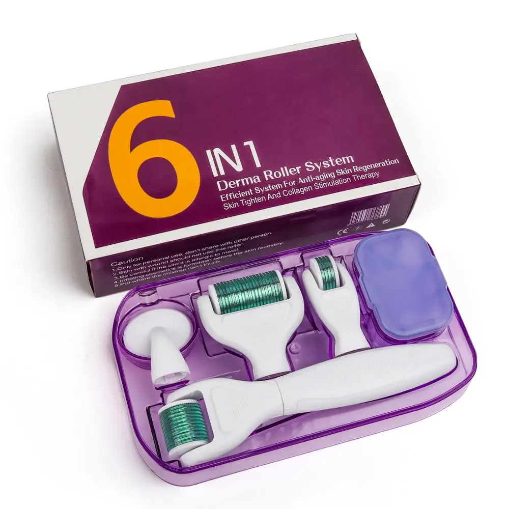 6 in 1 Microneedle Derma Roller Kit for Face and Body 300/720/1200 Titanium Dermaroller Micro Needle Facial Roller Skin Care