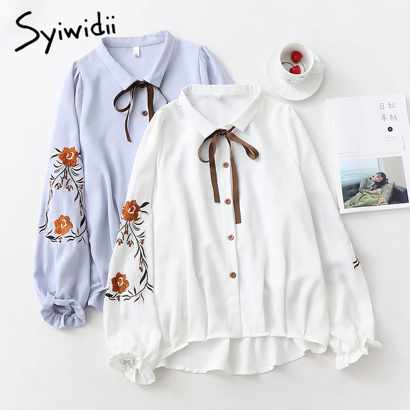 

Floral embroidery blouse Vintage tops Long lantern sleeve chiffon turn-down collar with lace up bow blouses Ladies shirts women