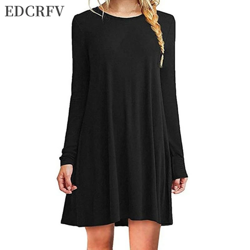 

Womens Plus Size Long Sleeve Loose Midi Long T-Shirt Dress Solid Color Casual Pleated Swing Round Neck Pullover Streetwear S-2XL